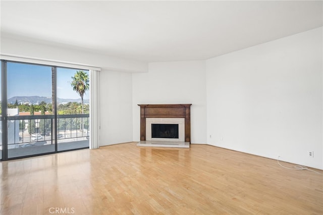 unfurnished living room featuring a mountain view and light hardwood / wood-style floors