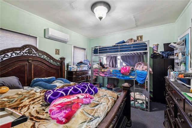 bedroom with carpet flooring, ornamental molding, and a wall unit AC