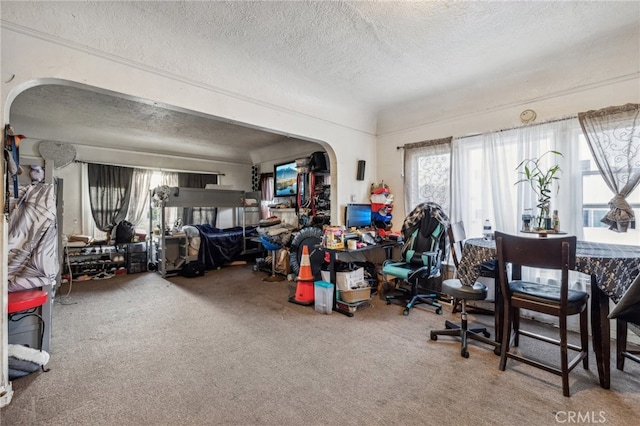 carpeted home office with a textured ceiling