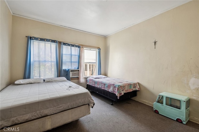 carpeted bedroom featuring crown molding