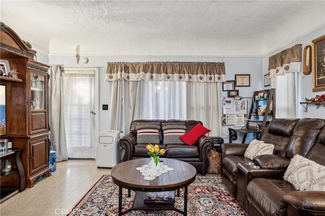 living room featuring ornamental molding, a wealth of natural light, and a textured ceiling