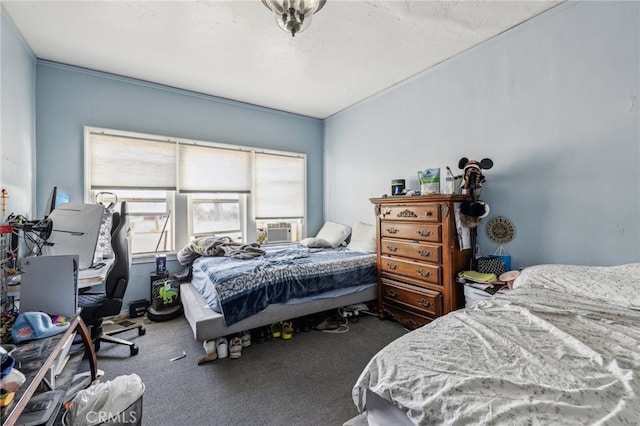 bedroom featuring crown molding, carpet flooring, and cooling unit