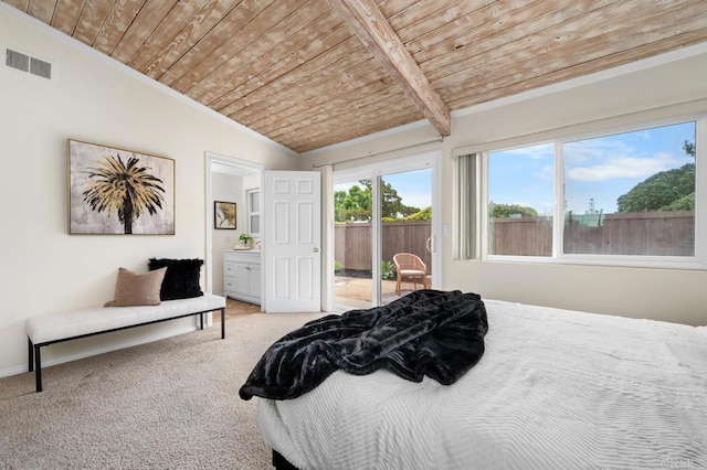 carpeted bedroom featuring wood ceiling, ornamental molding, lofted ceiling, and access to exterior