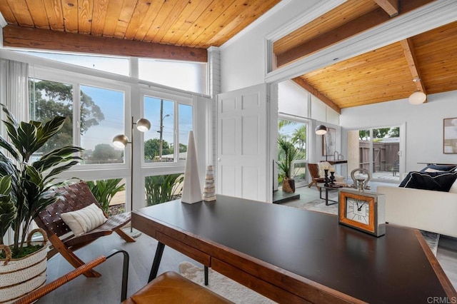 interior space with vaulted ceiling with beams and wooden ceiling