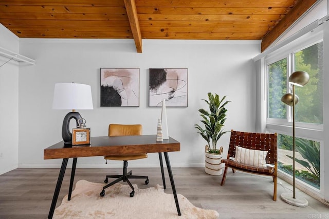 office space featuring vaulted ceiling with beams, hardwood / wood-style floors, and wood ceiling