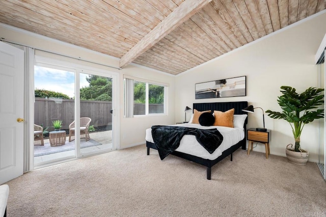 carpeted bedroom with wood ceiling, access to exterior, vaulted ceiling, and crown molding