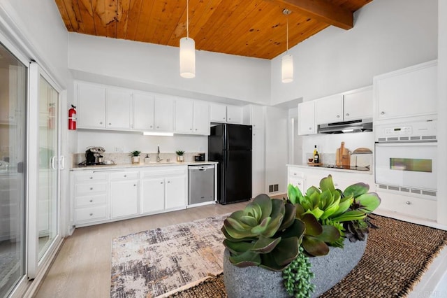 kitchen with white cabinetry, dishwasher, black refrigerator, and oven