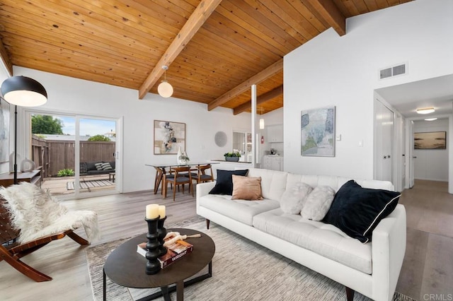 living room featuring wood ceiling, beam ceiling, high vaulted ceiling, and light wood-type flooring