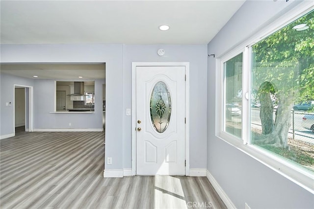 entrance foyer with a wealth of natural light and light wood-type flooring