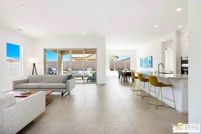 tiled living room with plenty of natural light and sink