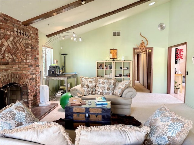 living area featuring light carpet, visible vents, beamed ceiling, a brick fireplace, and high vaulted ceiling