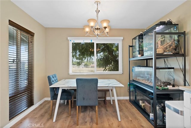 dining space with a notable chandelier and light hardwood / wood-style floors