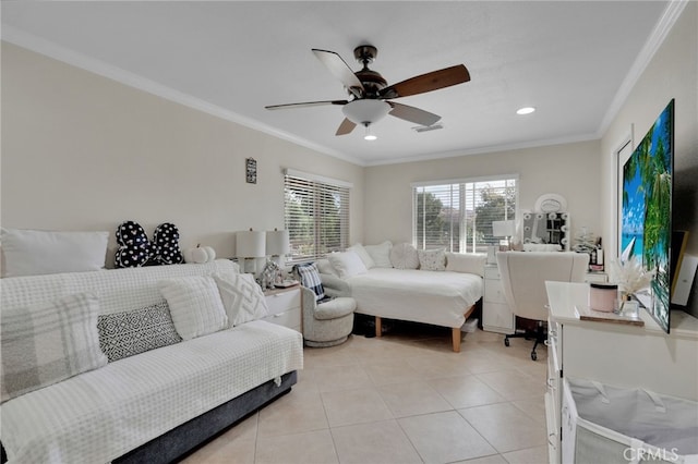 tiled bedroom with ceiling fan and crown molding