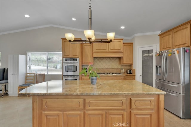 kitchen featuring a center island, hanging light fixtures, light tile patterned flooring, light stone counters, and stainless steel appliances