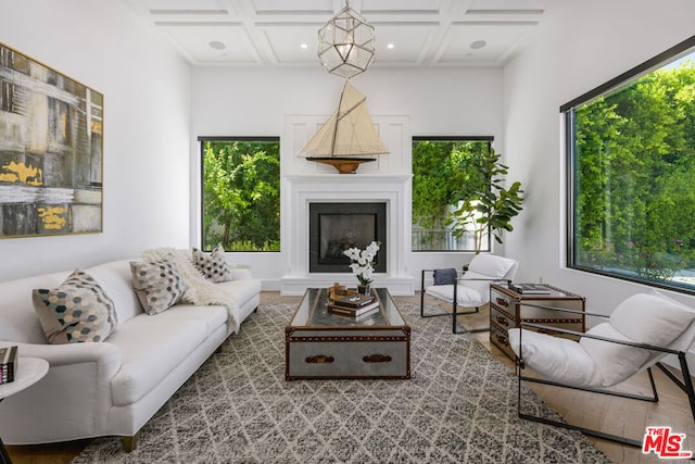 living room featuring beam ceiling, hardwood / wood-style flooring, and coffered ceiling