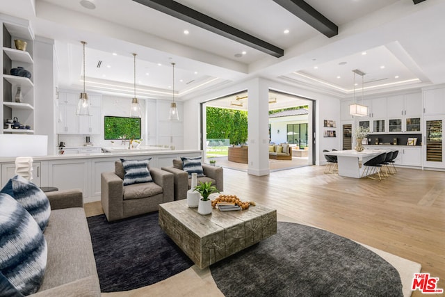 living room with a raised ceiling and light hardwood / wood-style floors