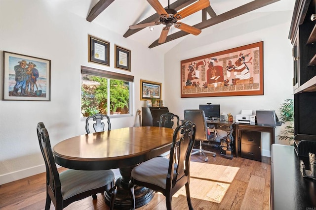 dining area with lofted ceiling with beams, ceiling fan, and light hardwood / wood-style flooring