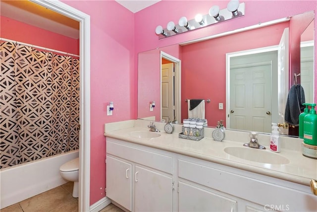 full bathroom with tile patterned flooring, shower / bath combo, vanity, and toilet