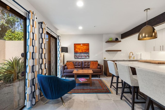 tiled living room with sink