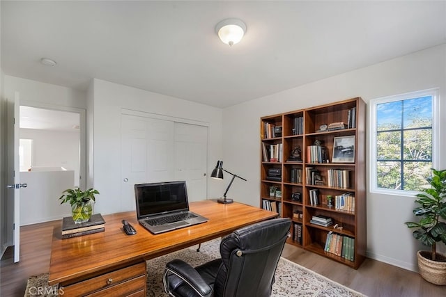 office space with hardwood / wood-style floors