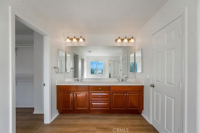 bathroom with vanity and wood-type flooring