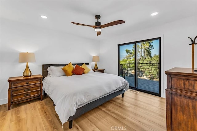 bedroom featuring ceiling fan, access to exterior, and light wood-type flooring