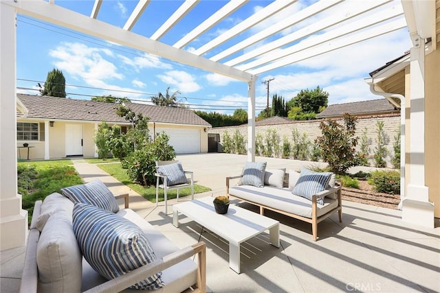 view of patio / terrace with a pergola and outdoor lounge area