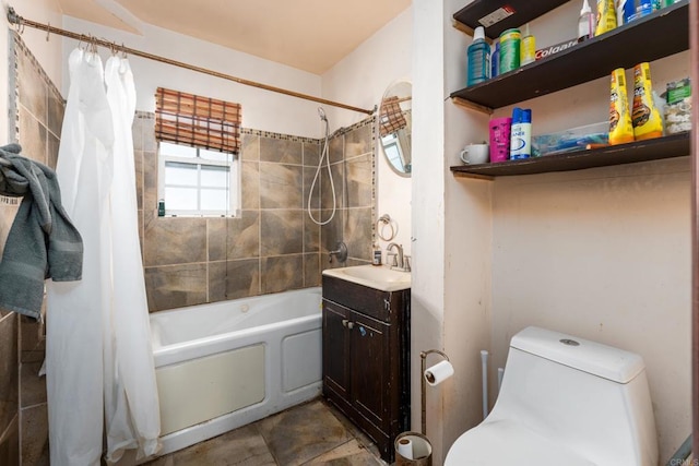 full bathroom featuring toilet, vanity, and shower / tub combo