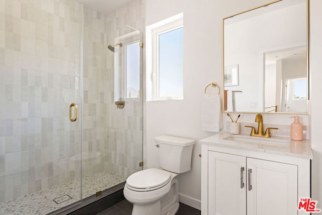 bathroom with vanity, an enclosed shower, and toilet