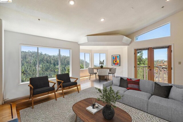 living room with hardwood / wood-style floors and french doors