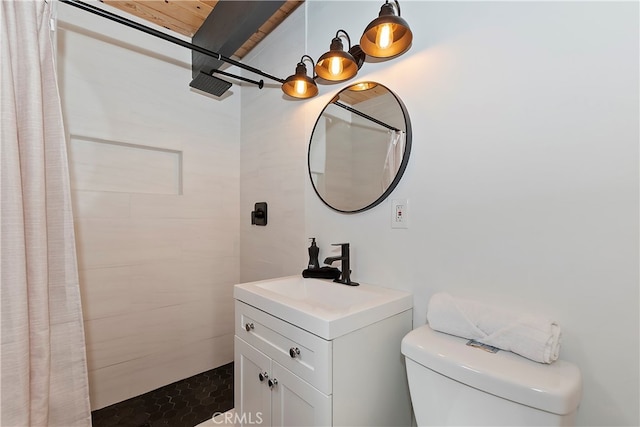 bathroom with walk in shower, vanity, toilet, and wooden ceiling