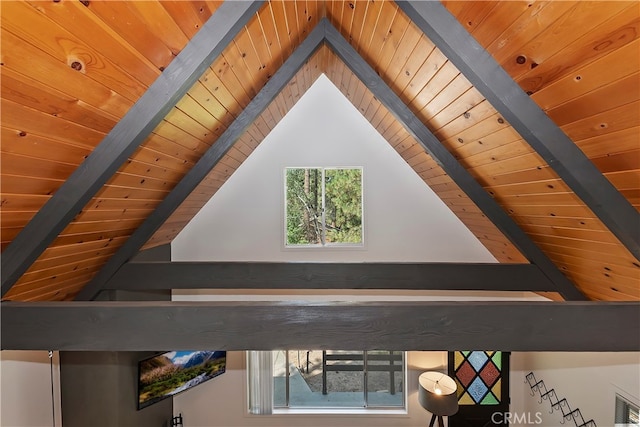 details featuring beam ceiling and wooden ceiling