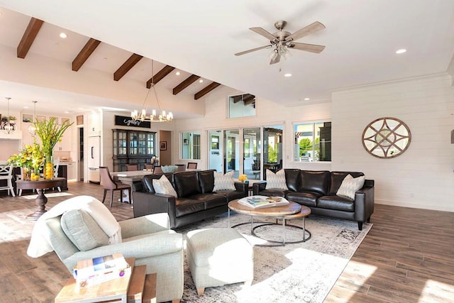 living room featuring hardwood / wood-style flooring, ceiling fan with notable chandelier, beam ceiling, and high vaulted ceiling