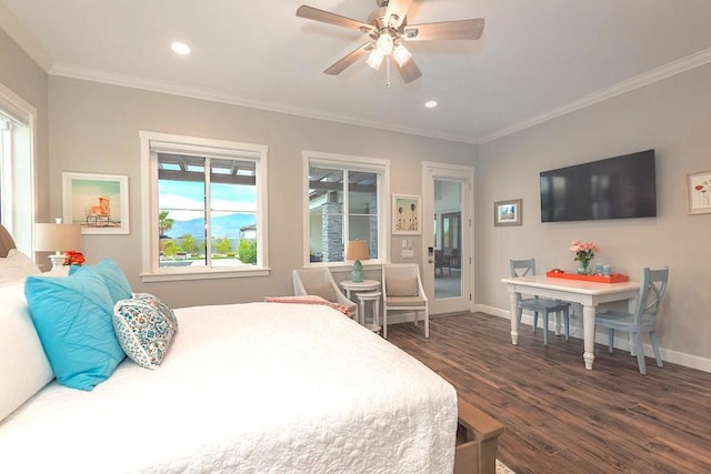 bedroom featuring ornamental molding, ceiling fan, and dark wood-type flooring