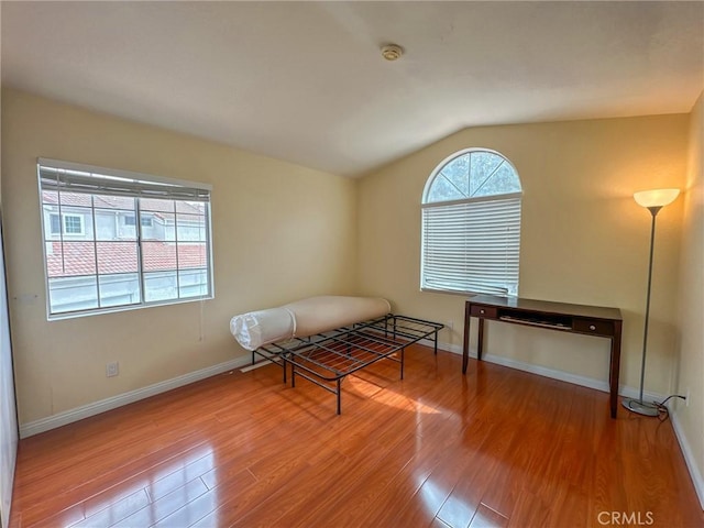 sitting room featuring wood-type flooring and lofted ceiling