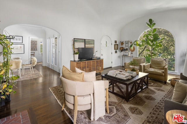 living room featuring dark hardwood / wood-style floors and vaulted ceiling