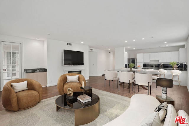 living room with hardwood / wood-style floors and sink