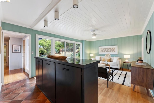 kitchen featuring crown molding, ceiling fan, and wood-type flooring