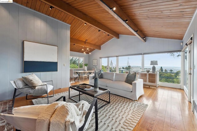 sunroom / solarium with lofted ceiling with beams, wooden ceiling, and track lighting