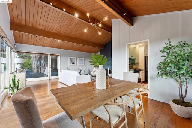 dining room with vaulted ceiling with beams, light wood-type flooring, and wooden ceiling