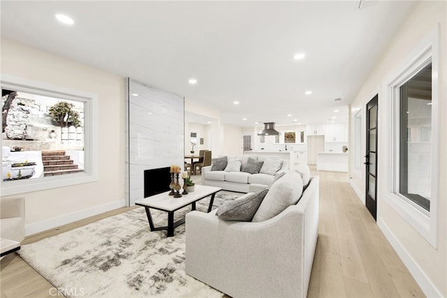 living room with light wood-type flooring and a fireplace