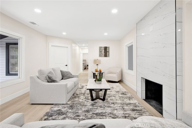 living room featuring a fireplace and light wood-type flooring