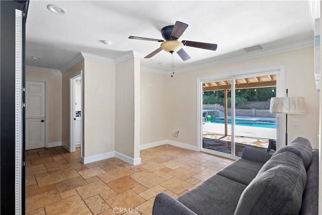 living room with ornamental molding and ceiling fan