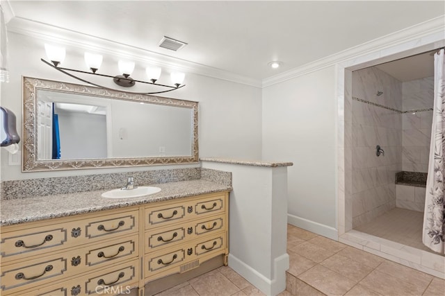 bathroom featuring tile patterned floors, crown molding, vanity, and a shower with shower curtain