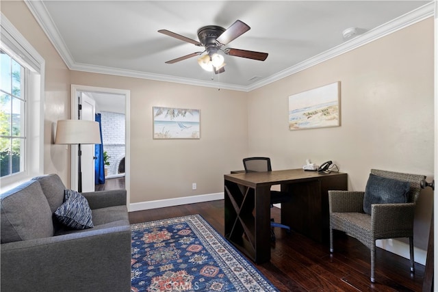 office space featuring ornamental molding, ceiling fan, and dark hardwood / wood-style flooring