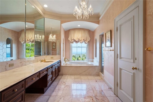 2736 Via Victoria, Palos Verdes Estates, CA 90274 - full bath featuring crown molding, vanity, a bath, marble finish floor, and an inviting chandelier