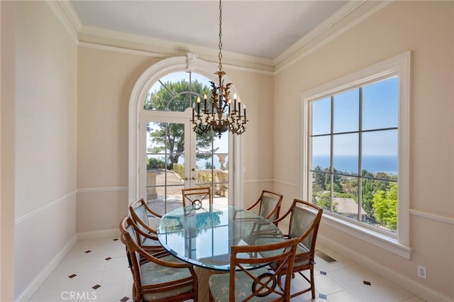 2736 Via Victoria, Palos Verdes Estates, CA 90274 - dining room featuring baseboards, ornamental molding, french doors, and a notable chandelier
