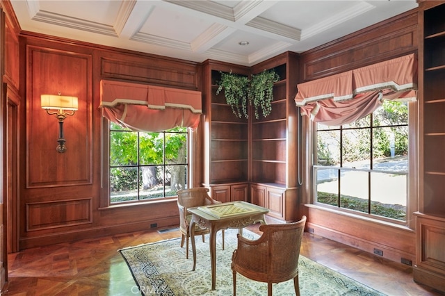 interior space featuring ornamental molding, coffered ceiling, beam ceiling, and plenty of natural light