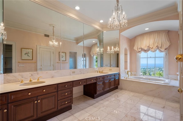 bathroom with ornamental molding, tiled bath, vanity, and a chandelier