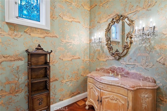 2736 Via Victoria, Palos Verdes Estates, CA 90274 - bathroom with baseboards, wallpapered walls, and vanity
